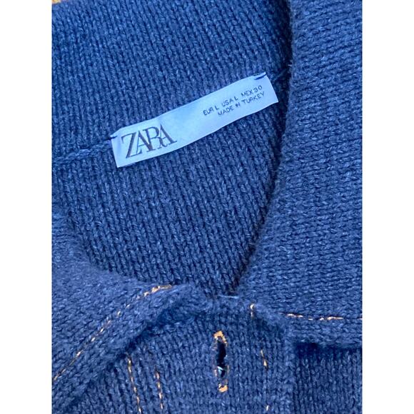 Zara Cropped Knit Chore Jacket Blue Gold Stitching Like Denim Fall Cosy ~ Size L - Picture 6 of 10